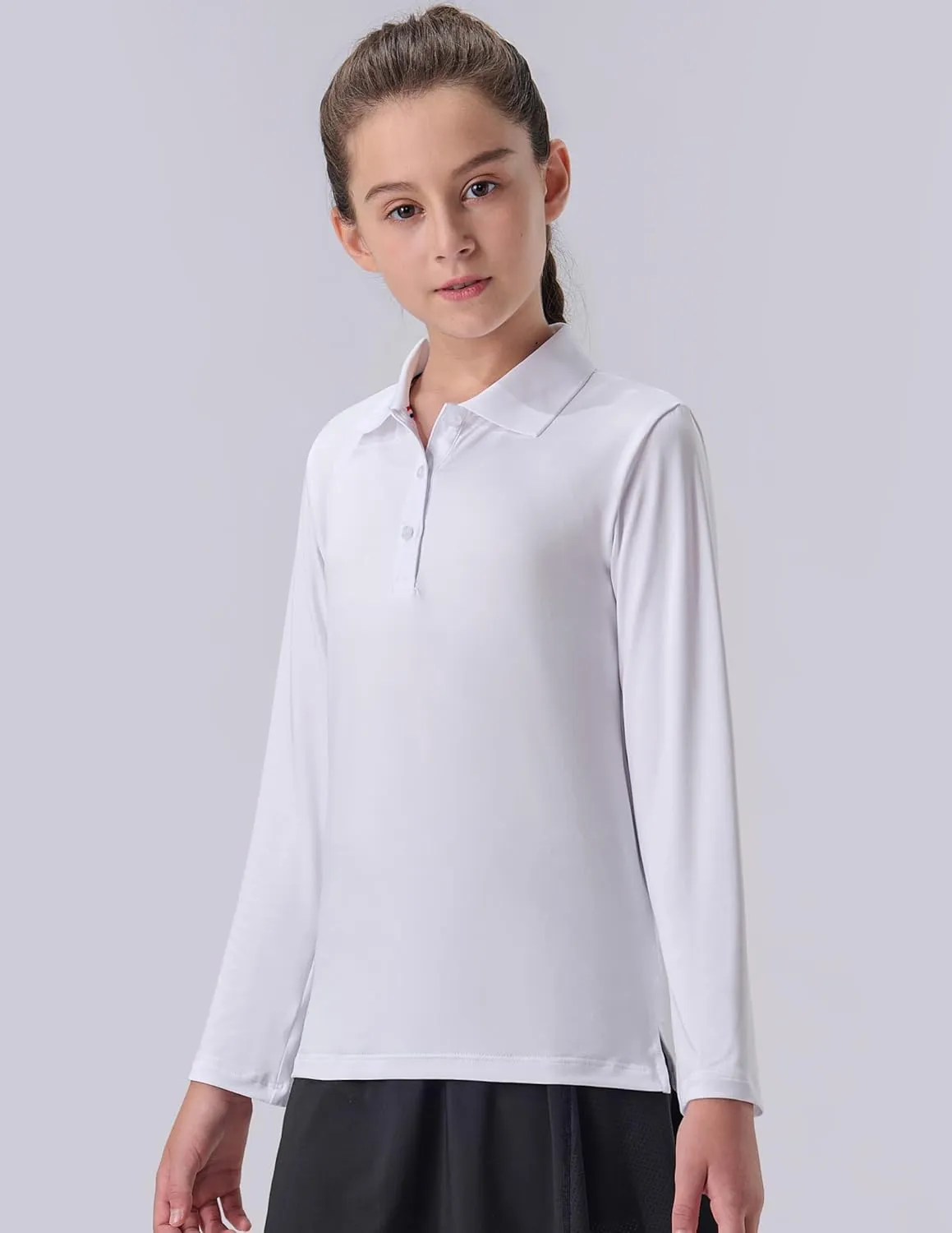 3 Pack Youth Girls' Performance Polo Shirts, Long Sleeve Pique Collared Kids School Uniform Tops