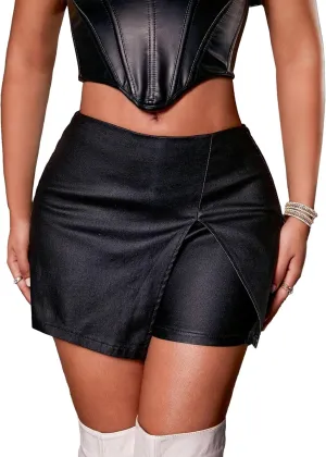 Avanova Women Faux Leather Slit Split Mini Skort High Rise Bodycon Short Skirt