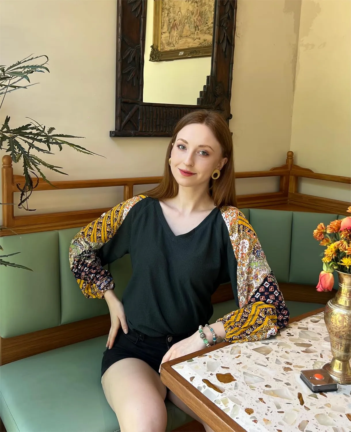 Beyove Boho Tops for Women Long Sleeve Fall Bohemian Casual Loose Fit Shirt Hippie Western Dressy Blouses