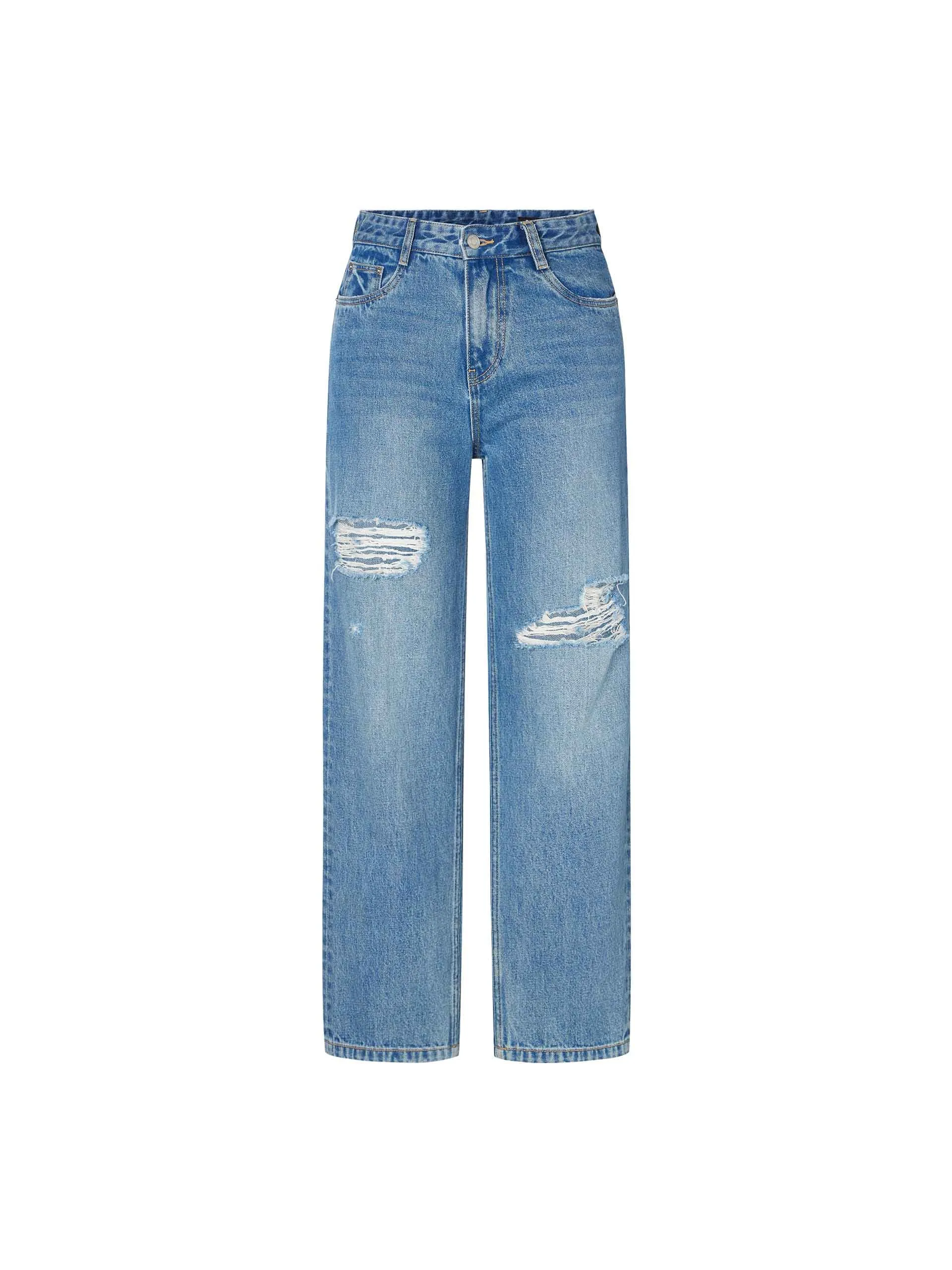 Cotton Ripped Straight Jeans