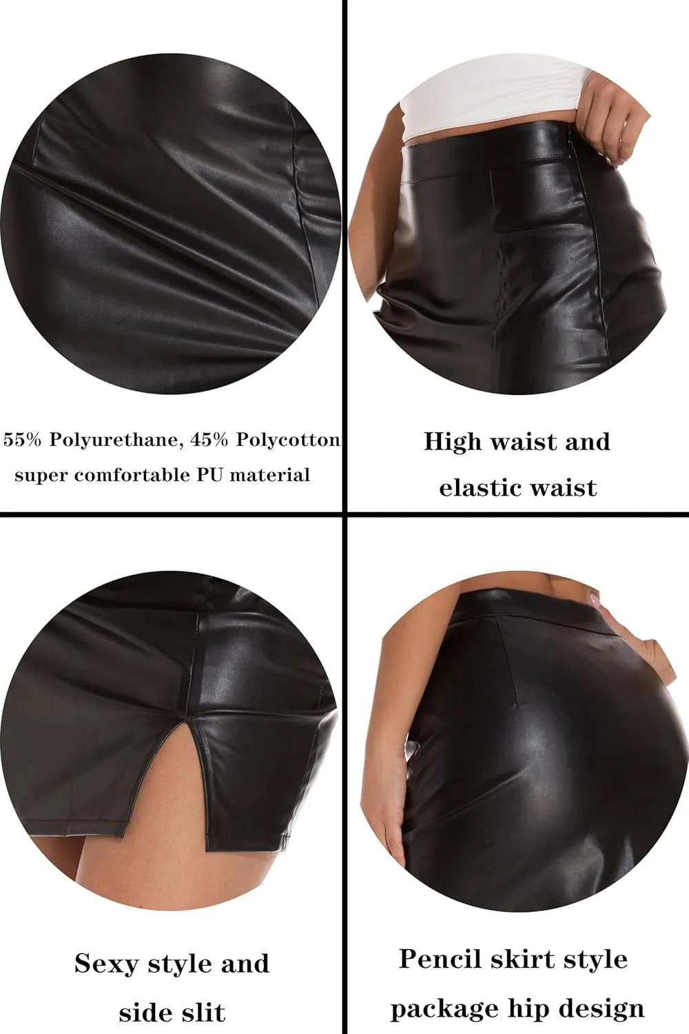 GUANYY Womens Leather Skirt High Waisted Stretchy Slit Faux Pleather Bodycon Party Mini Skirts