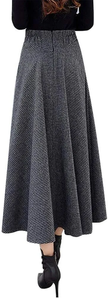IDEALSANXUN Womens Fall Winter High Waisted Wool Plaid A-line Long Skirt