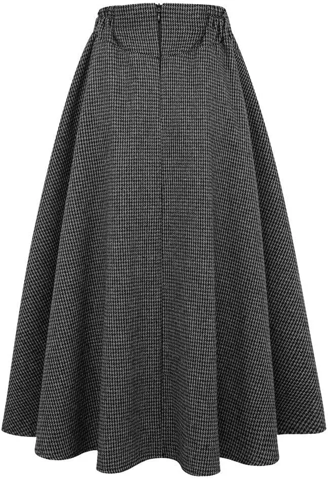 IDEALSANXUN Womens Fall Winter High Waisted Wool Plaid A-line Long Skirt