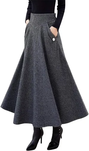 IDEALSANXUN Womens Fall Winter High Waisted Wool Plaid A-line Long Skirt