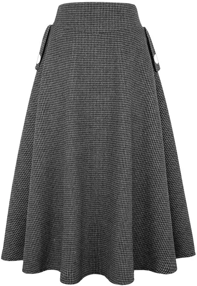 IDEALSANXUN Womens Fall Winter High Waisted Wool Plaid A-line Long Skirt