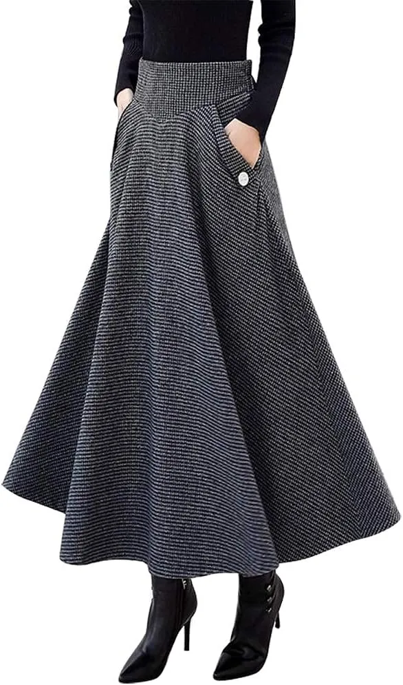 IDEALSANXUN Womens Fall Winter High Waisted Wool Plaid A-line Long Skirt