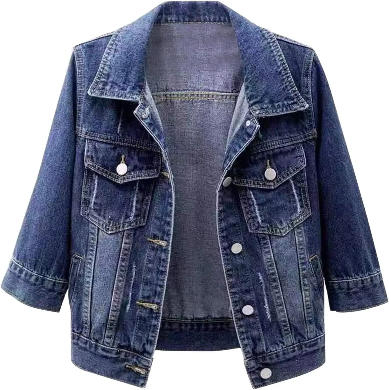 Jean Jacket for Women Trendy 2024 Plus Size Casual 3/4 Sleeve Short Denim Jacket Basic Lapel Button Down Cropped Coat