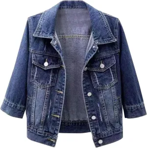 Jean Jacket for Women Trendy 2024 Plus Size Casual 3/4 Sleeve Short Denim Jacket Basic Lapel Button Down Cropped Coat