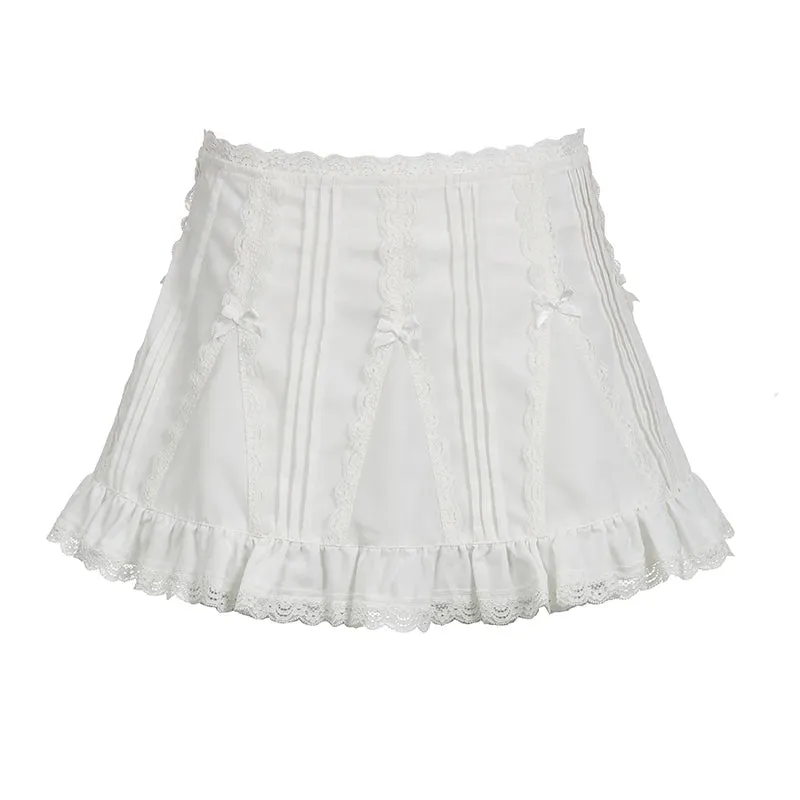 Korean Sweet Lolita White Summer Women's Skirts Bow Ruffles Lace Patchwork Coquette  Clothes Mini Skirt Frill Outfits