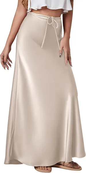 Long Silk Skirt Women's Spring Summer Satin Silk High Waist Drawstring Ruffle A Line Maxi Skirt