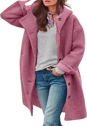 loveimgs Women Winter Casual Single Breasted Hooded Jacket Pea Coat Long Wool Coat Jacket Trench Coat Overcoat