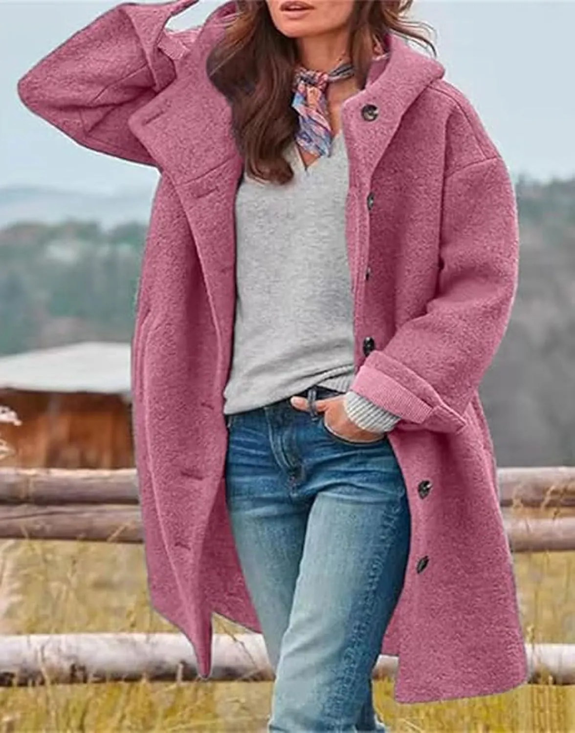 loveimgs Women Winter Casual Single Breasted Hooded Jacket Pea Coat Long Wool Coat Jacket Trench Coat Overcoat