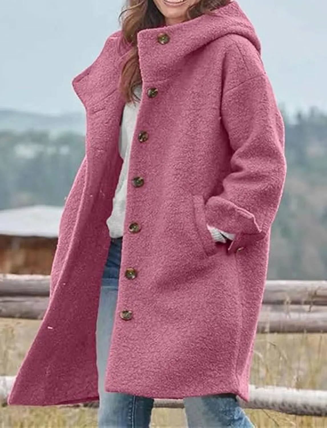 loveimgs Women Winter Casual Single Breasted Hooded Jacket Pea Coat Long Wool Coat Jacket Trench Coat Overcoat