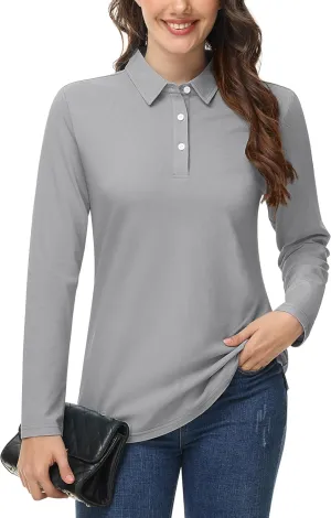 MAGCOMSEN Women's Polo Shirts Long Sleeve 3-Button Cotton Cool Shirts Wicking Casual Business Collared Shirts Tops