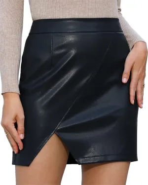 MANGOPOP Women Basic High Waisted Mini Short Pencil Bodycon Faux Leather Skirt