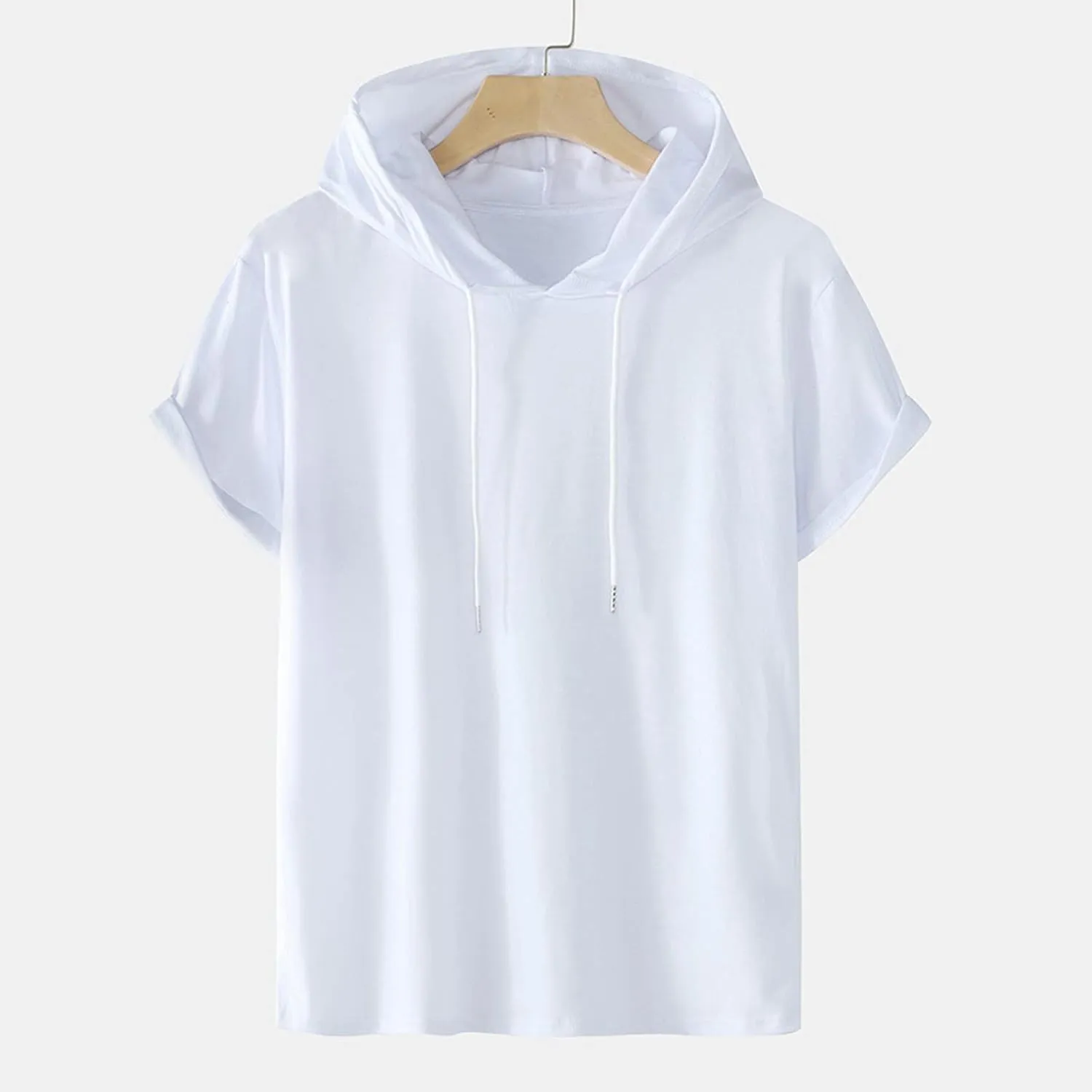 Men's Loose Fit Short Sleeve Active Athletic Hoodie Pullover Sweatshirt Solid Color Drawstring Summer Sports T-Shirt Top