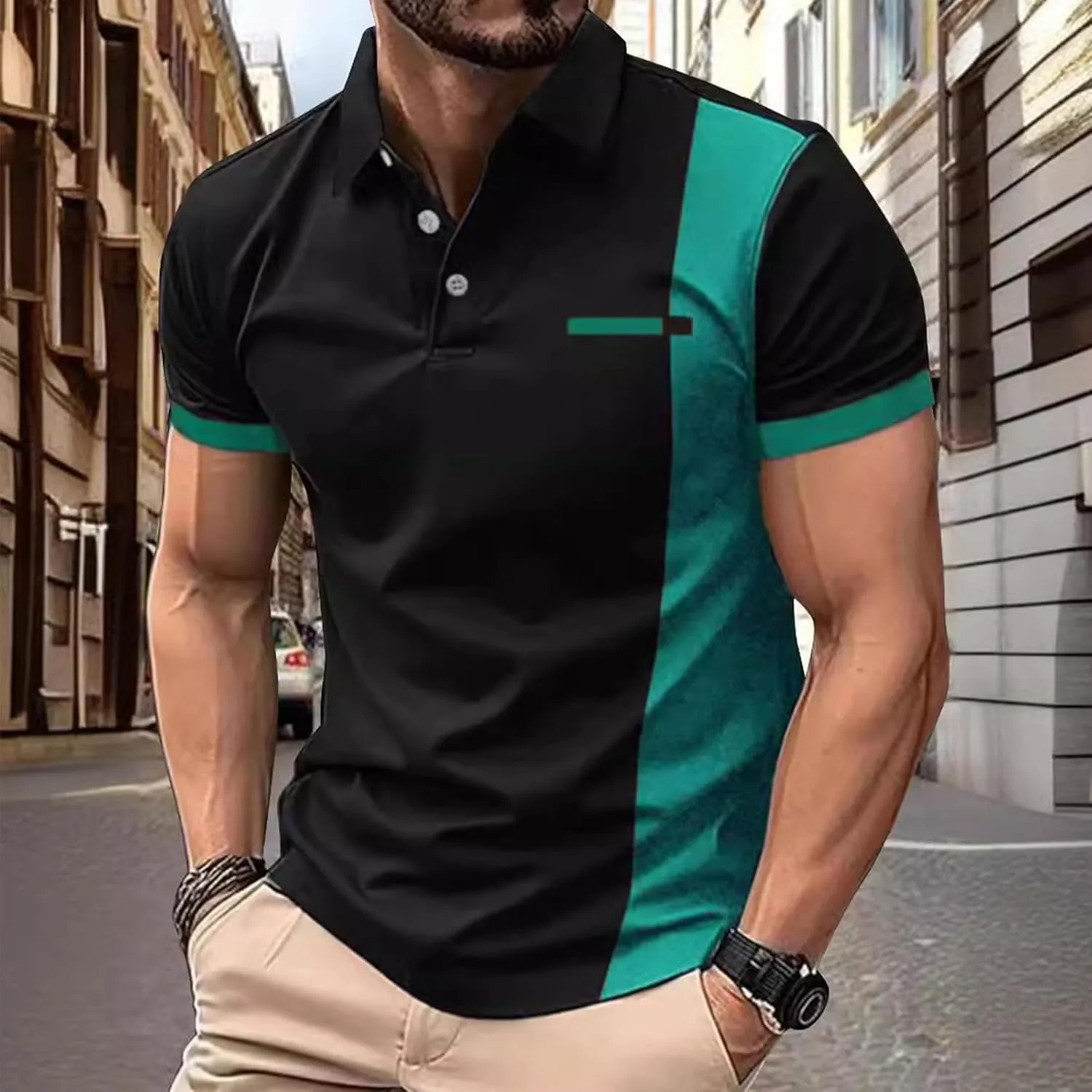 Men's Muscle V Neck Polo Shirts Slim Fit Shirt Short Sleeve Golf T-Shirts Stripe Retro Soft Casual Tee