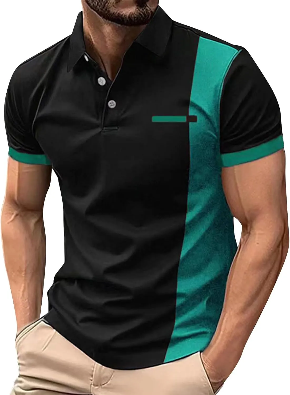 Men's Muscle V Neck Polo Shirts Slim Fit Shirt Short Sleeve Golf T-Shirts Stripe Retro Soft Casual Tee