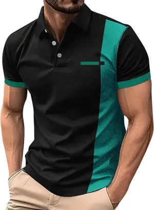 Men's Muscle V Neck Polo Shirts Slim Fit Shirt Short Sleeve Golf T-Shirts Stripe Retro Soft Casual Tee