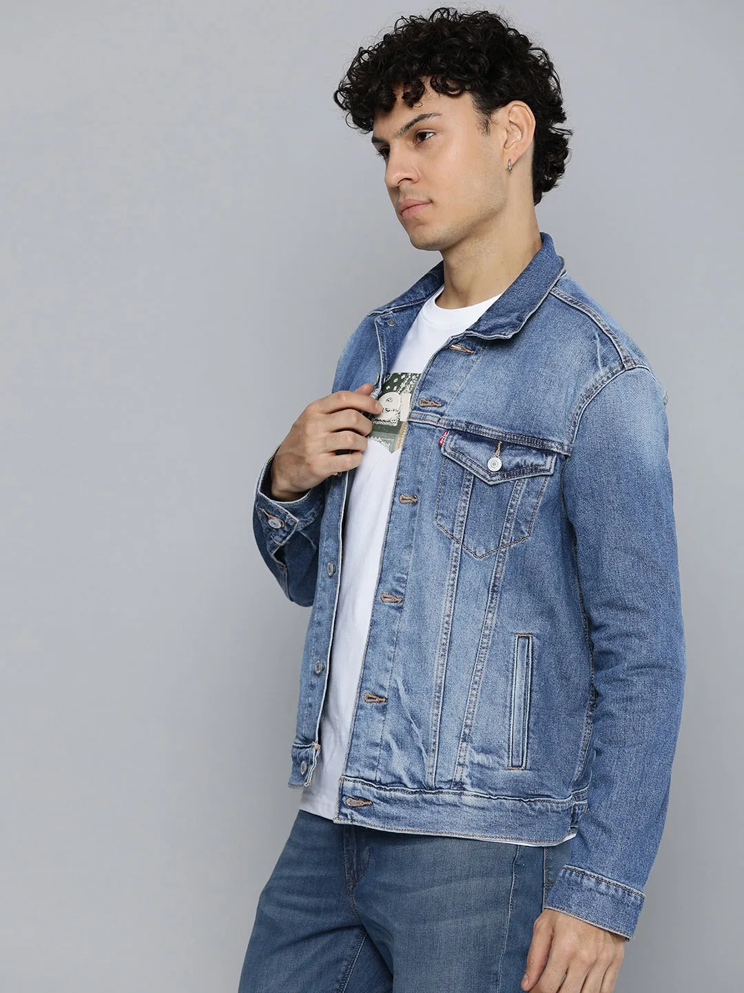 Men's Solid Blue Spread Collar Jacket