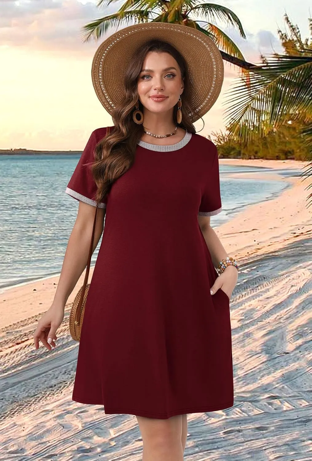 OFEEFAN Summer Dresses for Women 2025 Short Sleeve Casual T Shirt Dress Crewneck Sundresses Beach Vacation Coverup Pockets