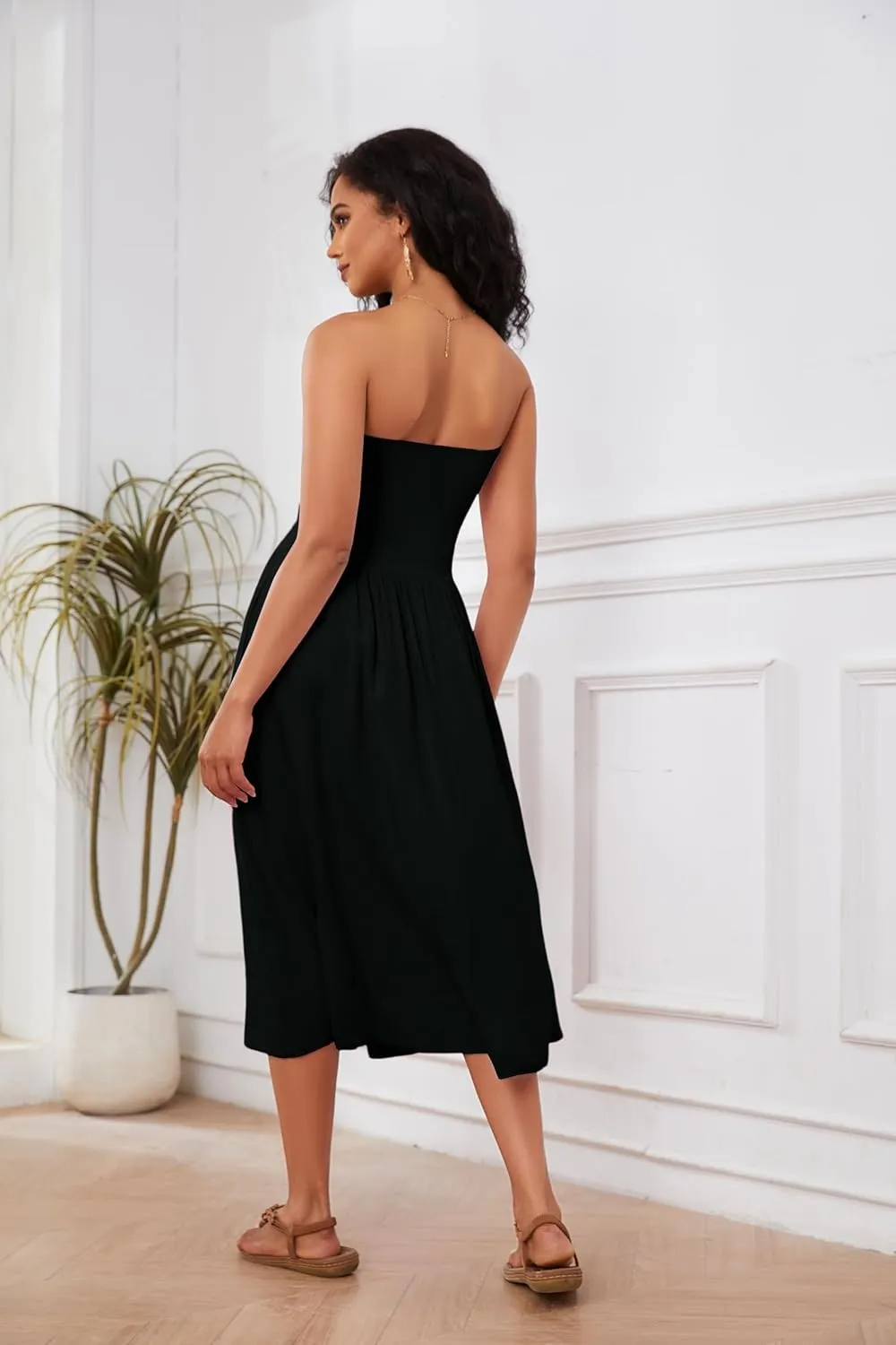 OLAPTA Women Strapless Tube Top Maxi Dresses Patchwork Casual Sleeveless Backless Dresses Swing Basic Solid Dress with Pocket