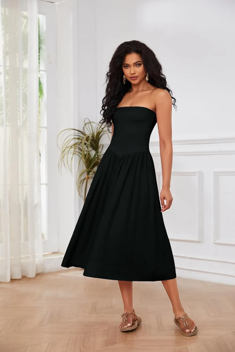 OLAPTA Women Strapless Tube Top Maxi Dresses Patchwork Casual Sleeveless Backless Dresses Swing Basic Solid Dress with Pocket