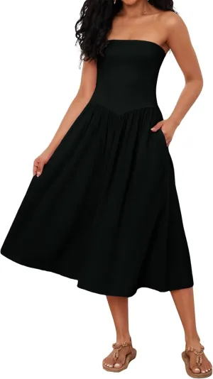 OLAPTA Women Strapless Tube Top Maxi Dresses Patchwork Casual Sleeveless Backless Dresses Swing Basic Solid Dress with Pocket