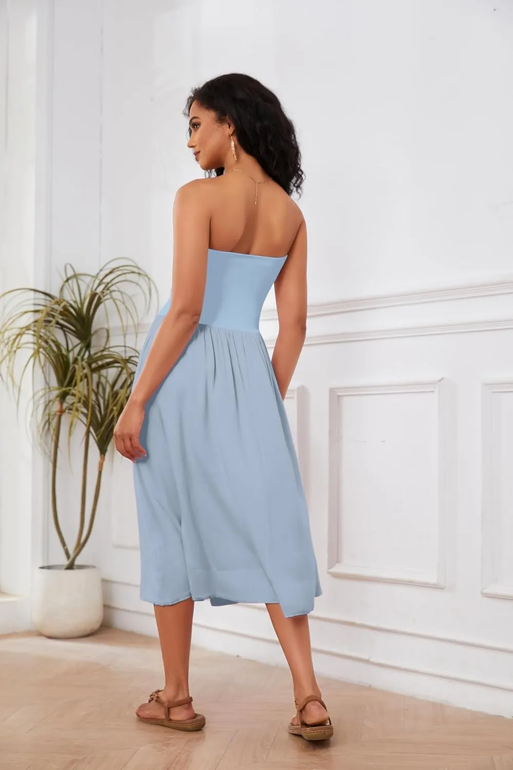 OLAPTA Women Strapless Tube Top Maxi Dresses Patchwork Casual Sleeveless Backless Dresses Swing Basic Solid Dress with Pocket