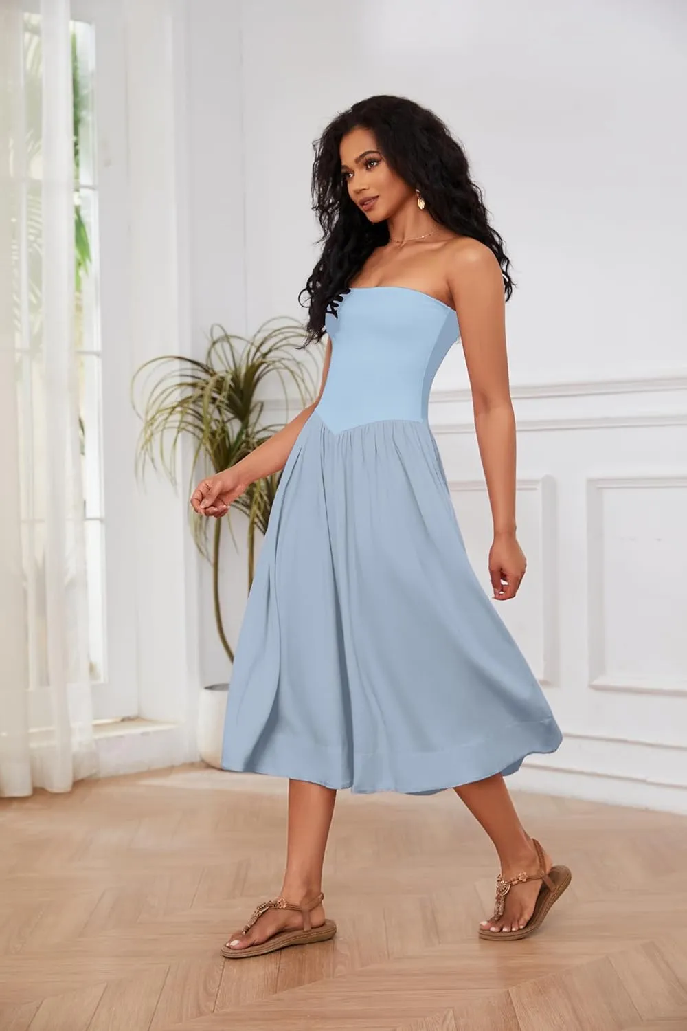 OLAPTA Women Strapless Tube Top Maxi Dresses Patchwork Casual Sleeveless Backless Dresses Swing Basic Solid Dress with Pocket