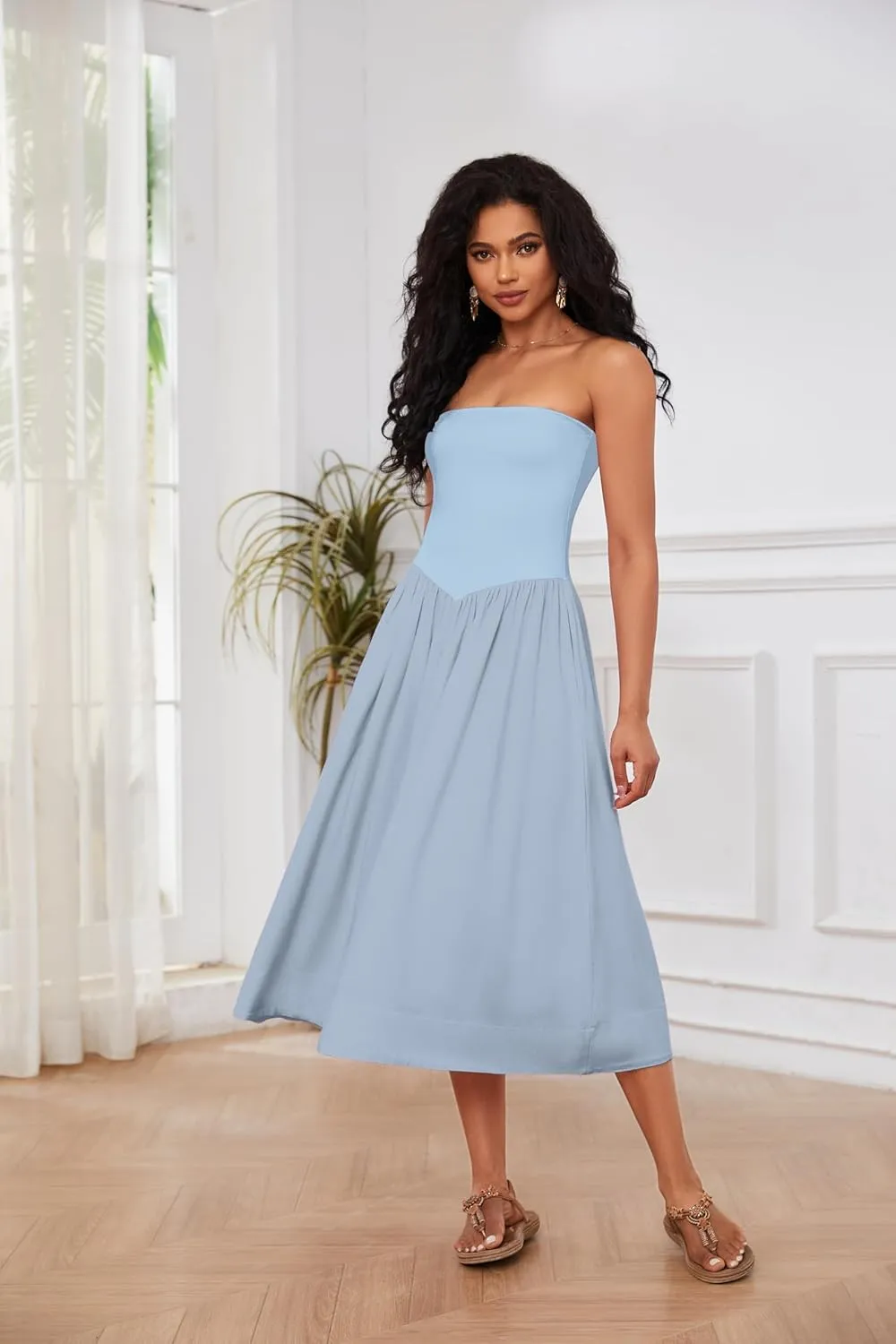 OLAPTA Women Strapless Tube Top Maxi Dresses Patchwork Casual Sleeveless Backless Dresses Swing Basic Solid Dress with Pocket