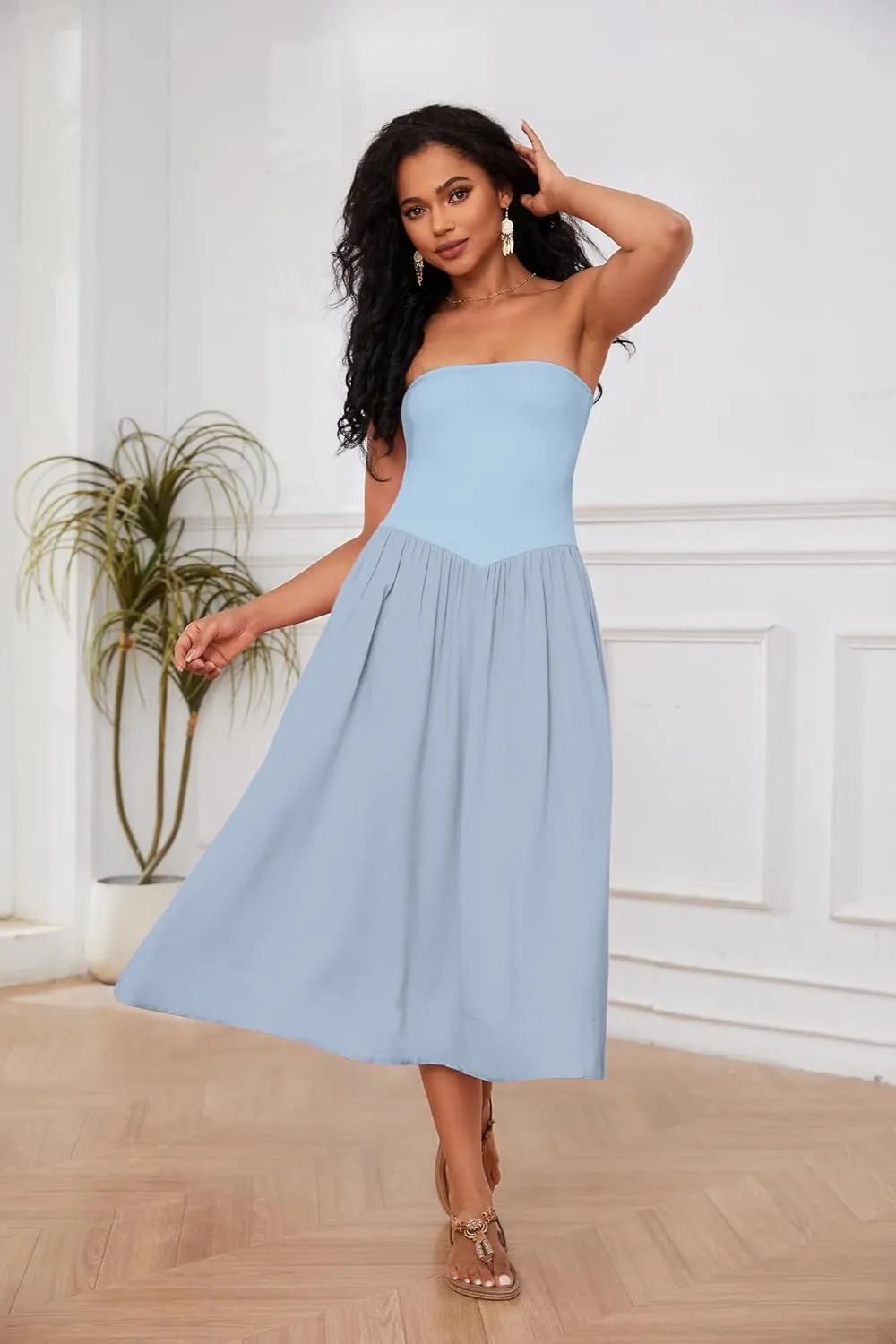 OLAPTA Women Strapless Tube Top Maxi Dresses Patchwork Casual Sleeveless Backless Dresses Swing Basic Solid Dress with Pocket