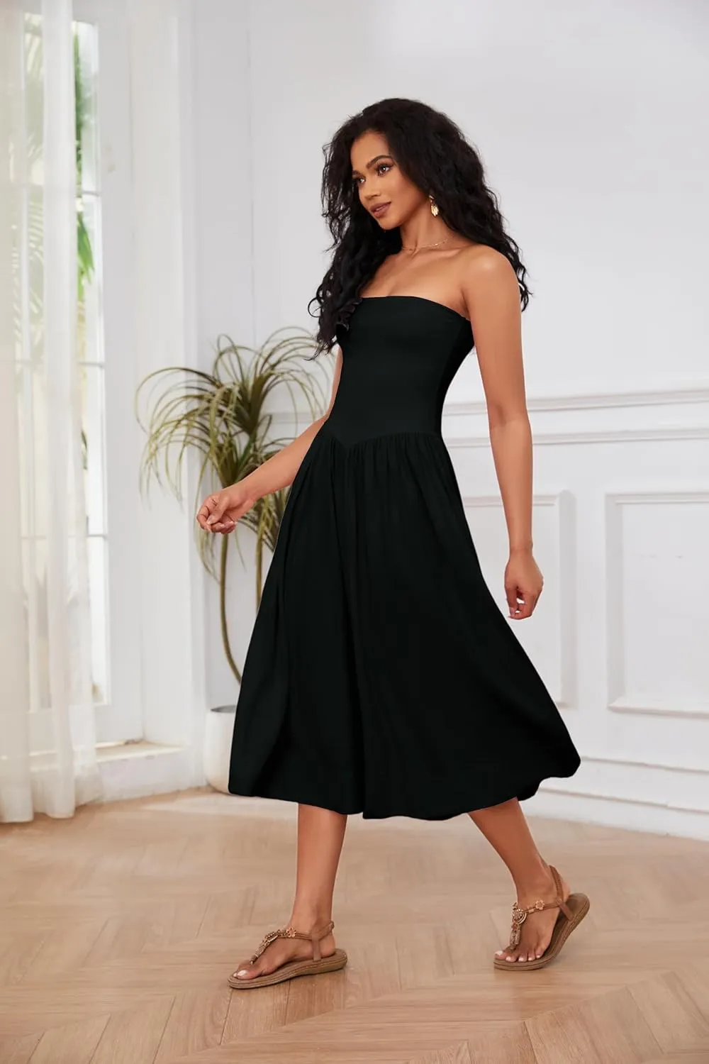 OLAPTA Women Strapless Tube Top Maxi Dresses Patchwork Casual Sleeveless Backless Dresses Swing Basic Solid Dress with Pocket