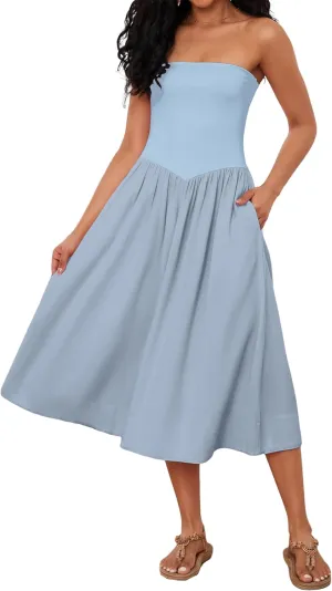 OLAPTA Women Strapless Tube Top Maxi Dresses Patchwork Casual Sleeveless Backless Dresses Swing Basic Solid Dress with Pocket