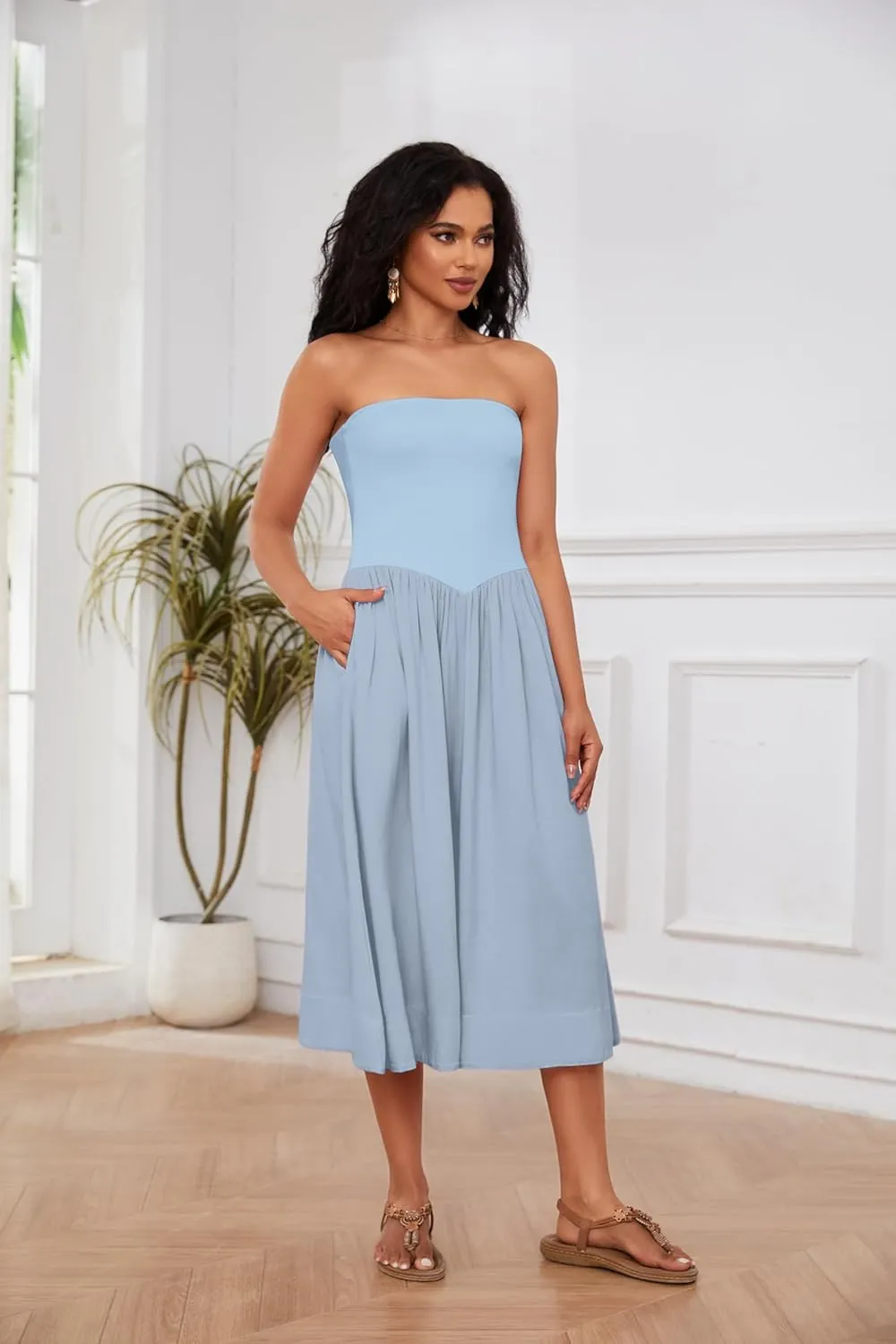 OLAPTA Women Strapless Tube Top Maxi Dresses Patchwork Casual Sleeveless Backless Dresses Swing Basic Solid Dress with Pocket