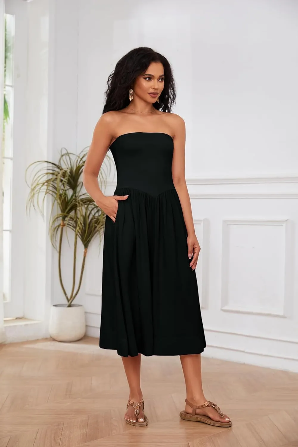 OLAPTA Women Strapless Tube Top Maxi Dresses Patchwork Casual Sleeveless Backless Dresses Swing Basic Solid Dress with Pocket