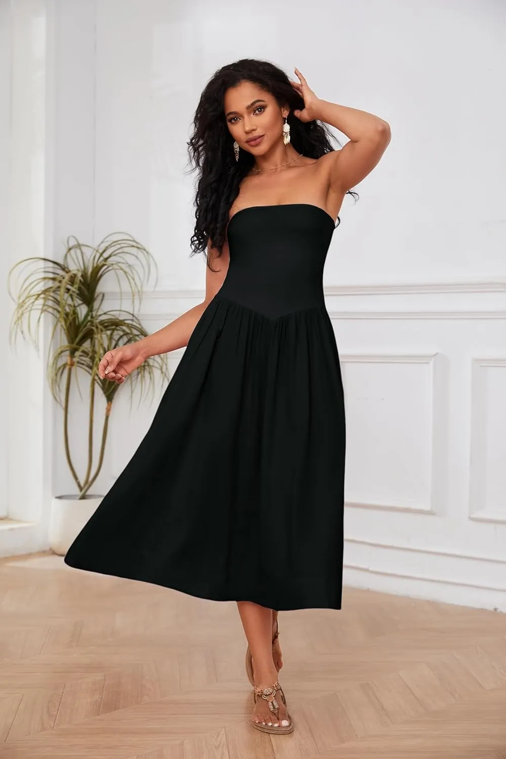 OLAPTA Women Strapless Tube Top Maxi Dresses Patchwork Casual Sleeveless Backless Dresses Swing Basic Solid Dress with Pocket