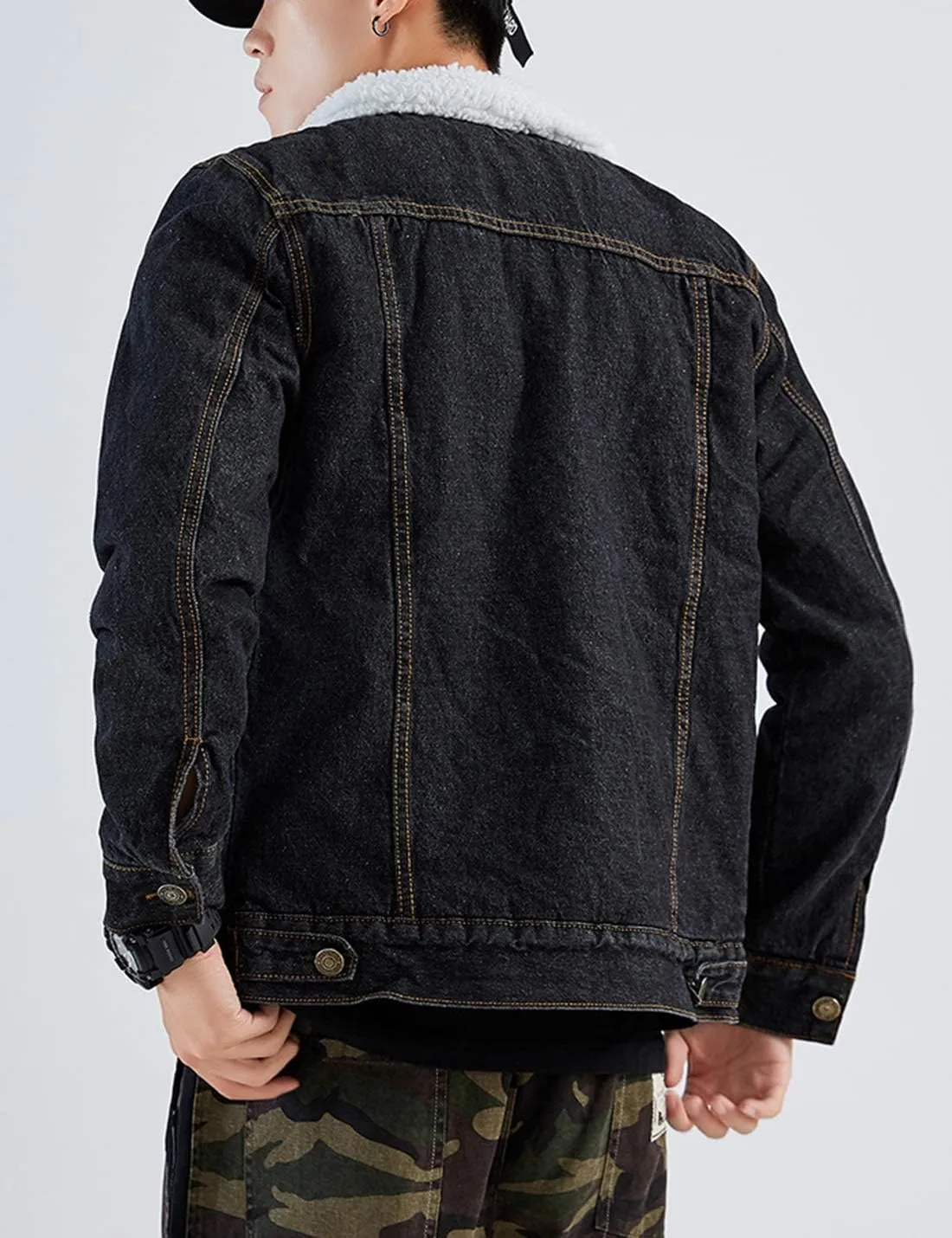 Omoone Men's Lapel Sherpa Fleece Lined Thicken Denim Jean Trucker Jacket Coats