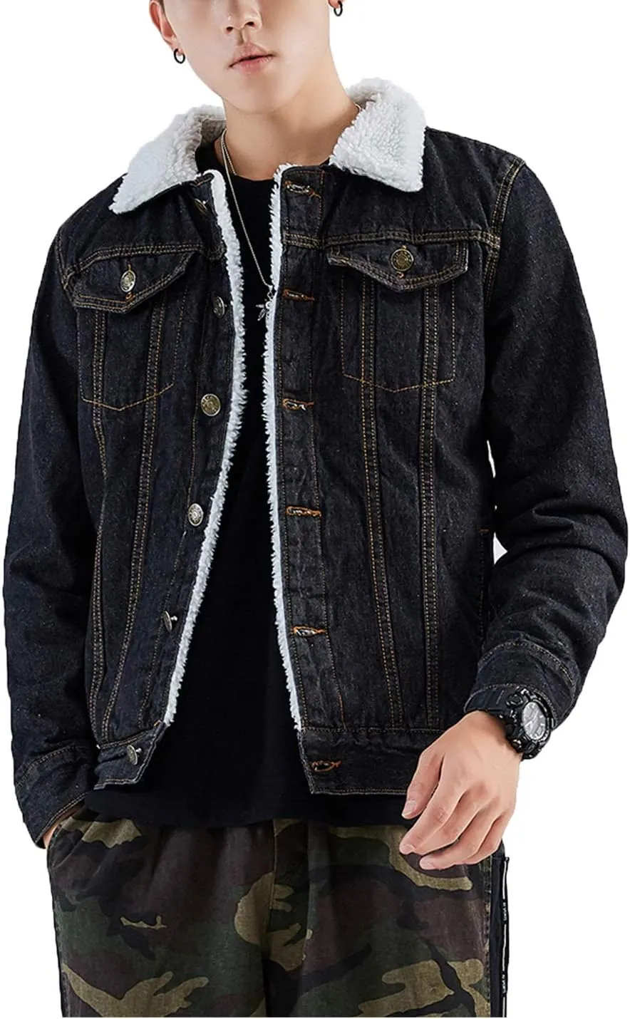 Omoone Men's Lapel Sherpa Fleece Lined Thicken Denim Jean Trucker Jacket Coats