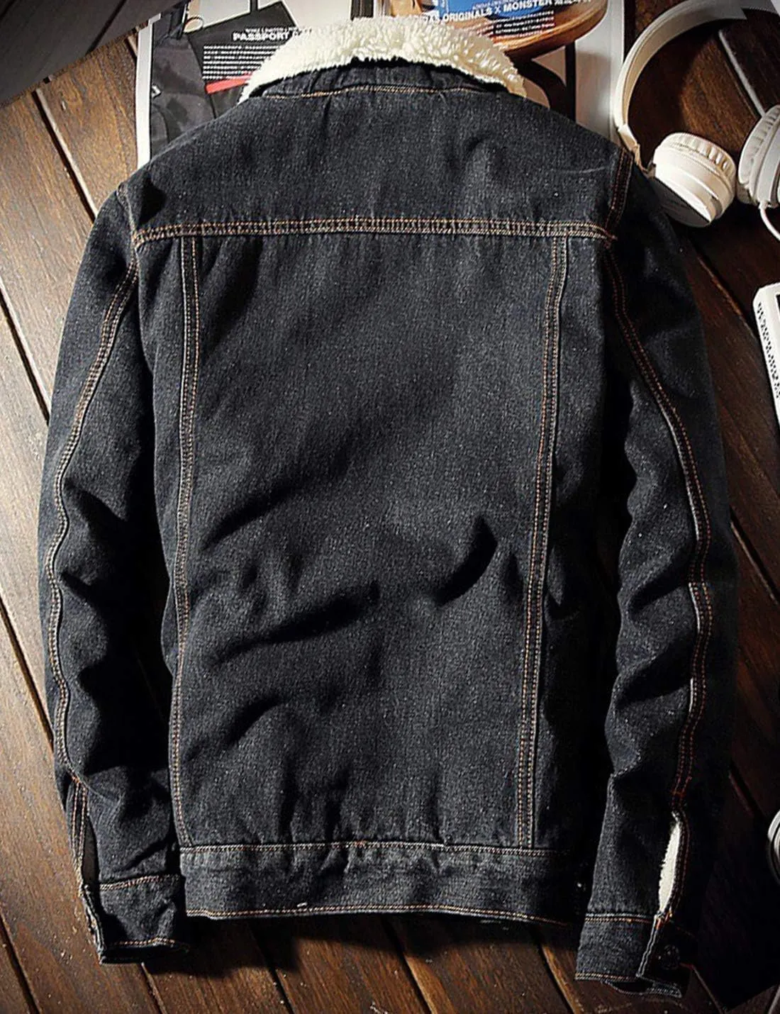 Omoone Men's Lapel Sherpa Fleece Lined Thicken Denim Jean Trucker Jacket Coats