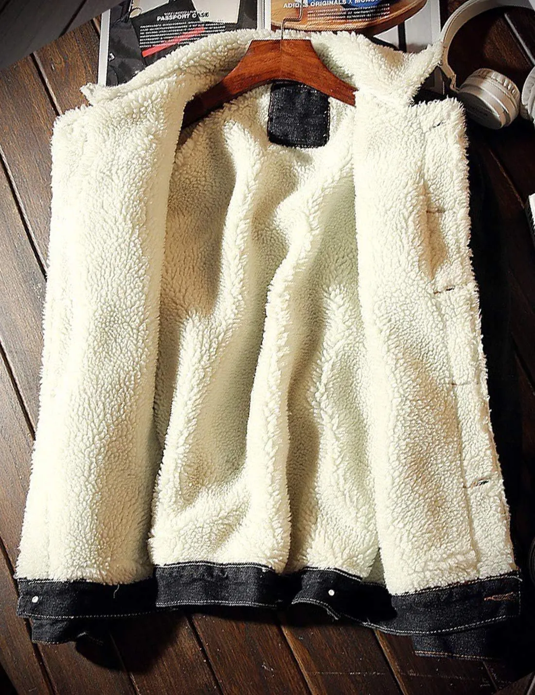 Omoone Men's Lapel Sherpa Fleece Lined Thicken Denim Jean Trucker Jacket Coats