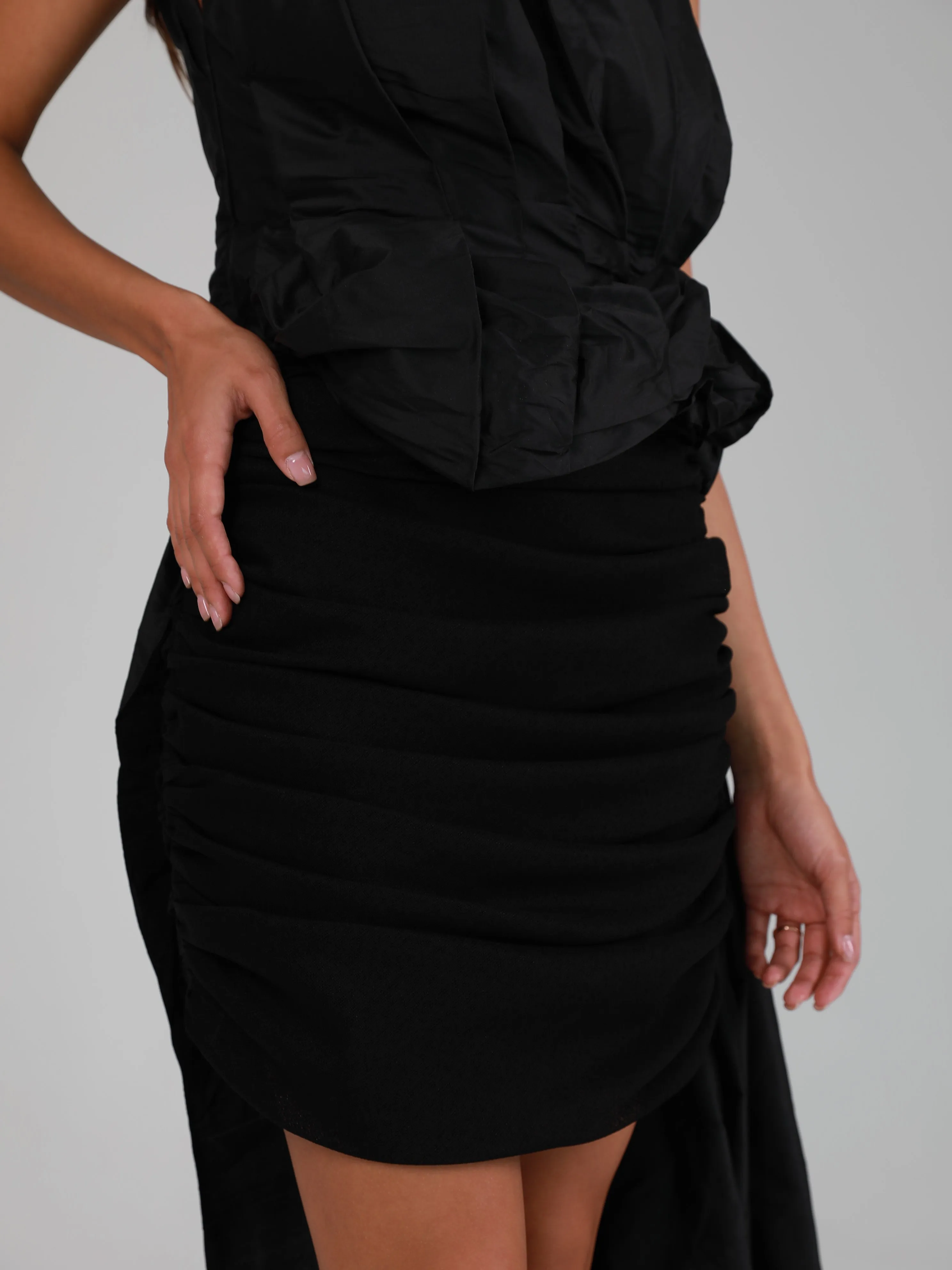 One-Shoulder Side Tail Top in Raw Silk - Black
