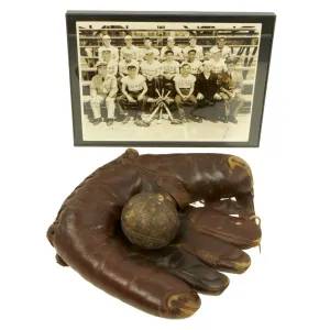 Original WWII U.S. Navy Baseball Glove and Ball with Signed Photo