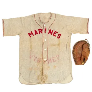 Original WWII USMC Marine Baseball Jersey with U.S. 1945 Dated First Baseman Glove