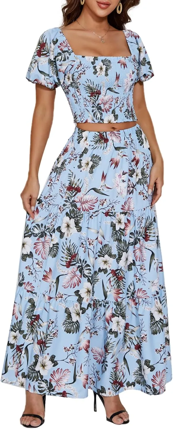 Rooscier Women's 2 Piece Outfit Shirred Short Sleeve Crop Top A Line Beach Maxi Skirt Set