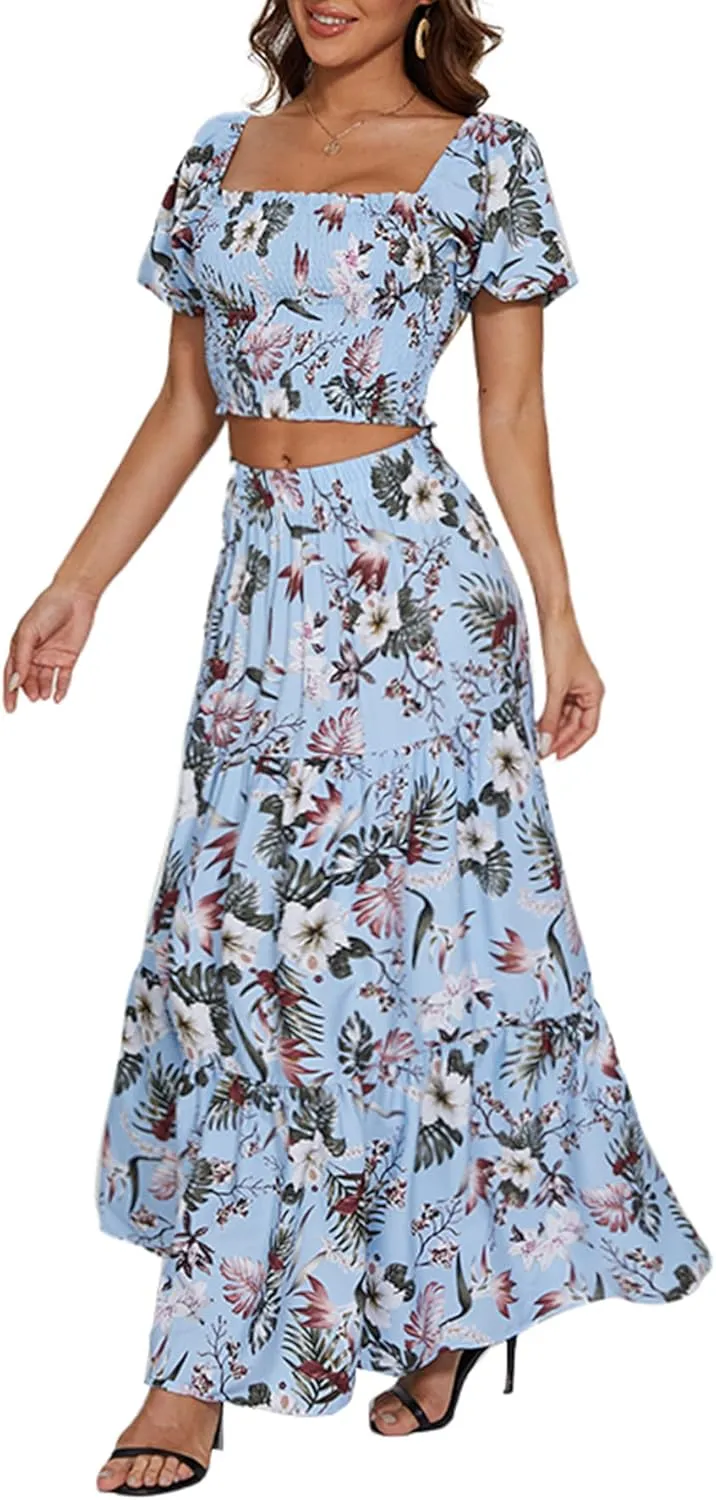 Rooscier Women's 2 Piece Outfit Shirred Short Sleeve Crop Top A Line Beach Maxi Skirt Set