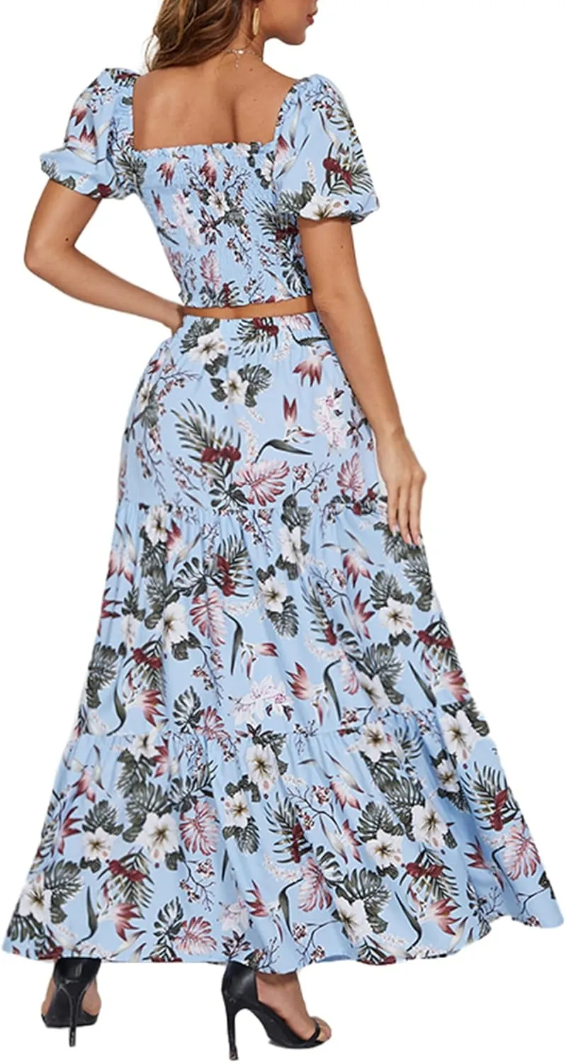 Rooscier Women's 2 Piece Outfit Shirred Short Sleeve Crop Top A Line Beach Maxi Skirt Set