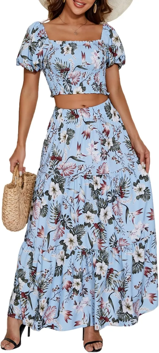 Rooscier Women's 2 Piece Outfit Shirred Short Sleeve Crop Top A Line Beach Maxi Skirt Set