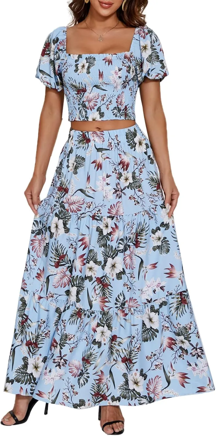 Rooscier Women's 2 Piece Outfit Shirred Short Sleeve Crop Top A Line Beach Maxi Skirt Set