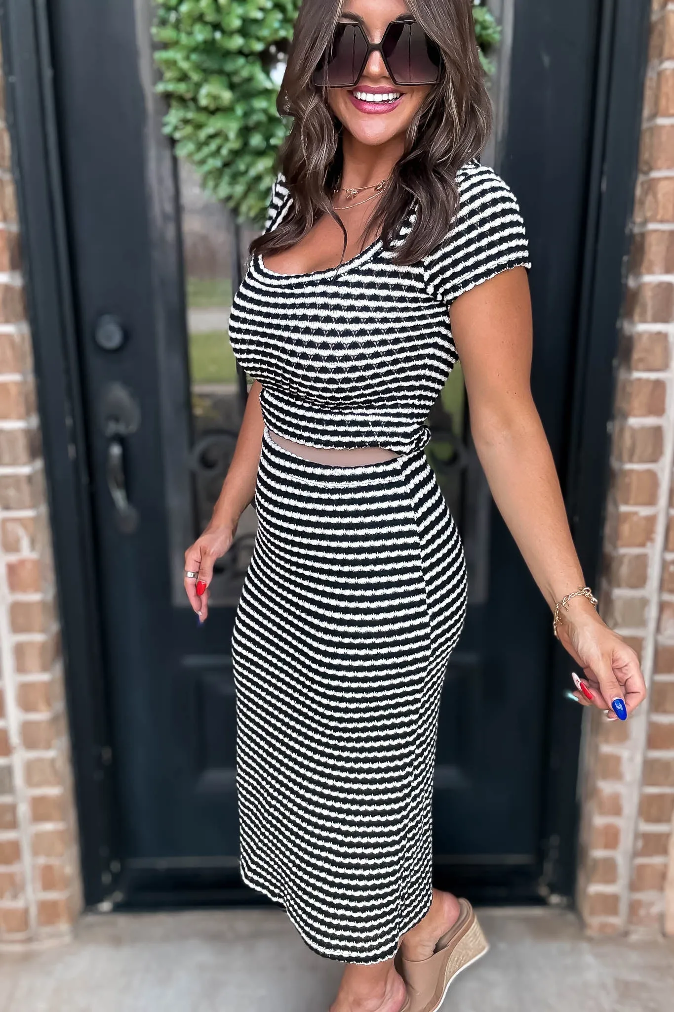 Striped High Waisted Midi Skirt
